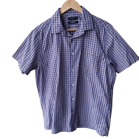 Peter England Shirt Top Button Up Blue Red White Short Sleeves Preppy Mens Sz 42 - Picture 1 of 5